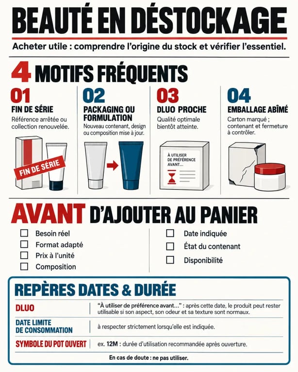 Infographie sur les produits de beauté destockage, les motifs de réduction et les vérifications avant achat