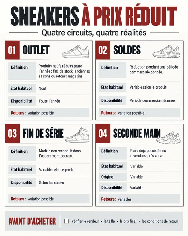 Infographie pour choisir des sneakers en solde entre outlet, soldes, fin de série et seconde main