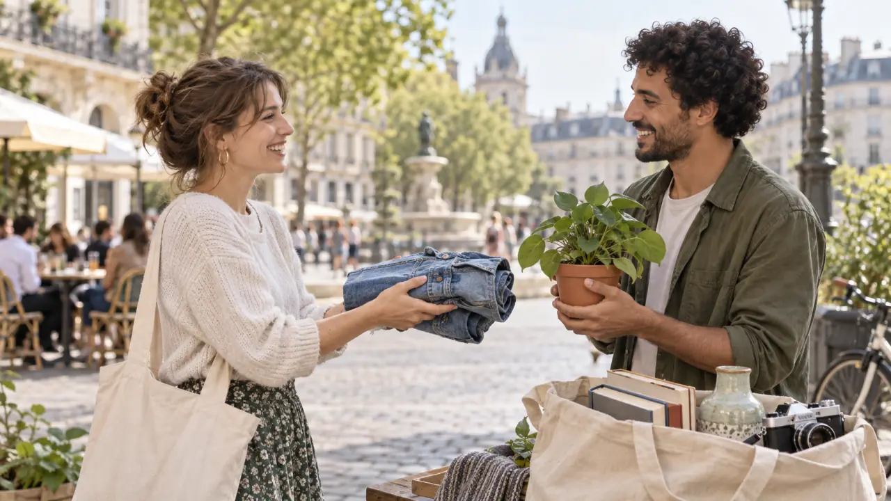 Deux particuliers échangent des objets de seconde main dans une rue ensoleillée