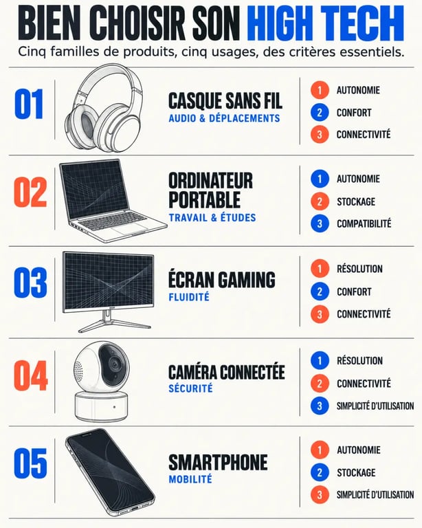 Infographie produit high tech : catégories et critères pour choisir un équipement adapté à son usage