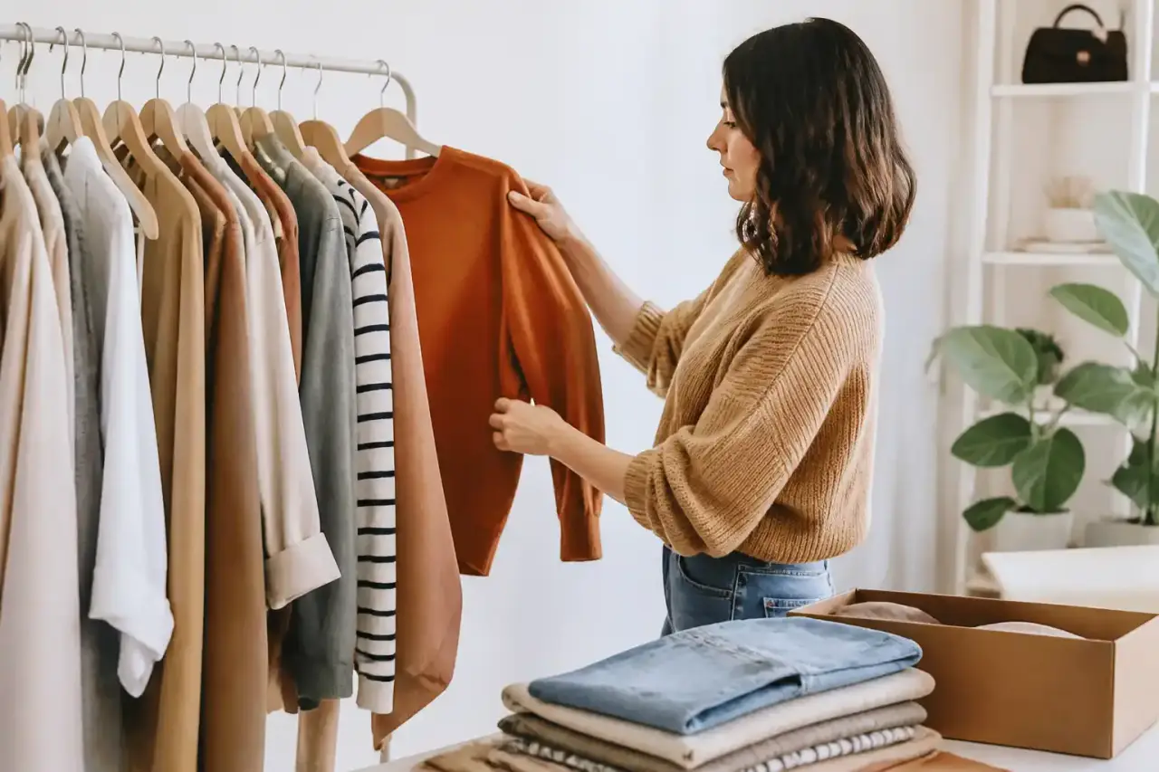 Vide-dressing organisé et vêtements colorés suspendus sur un portant en bois