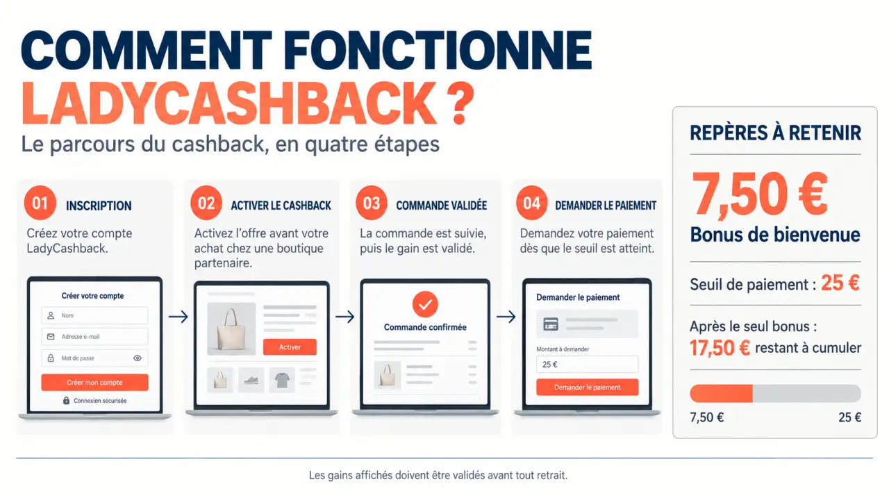 Infographie LadyCashback sur le bonus de bienvenue de 7,50 € et le seuil de paiement de 25 €