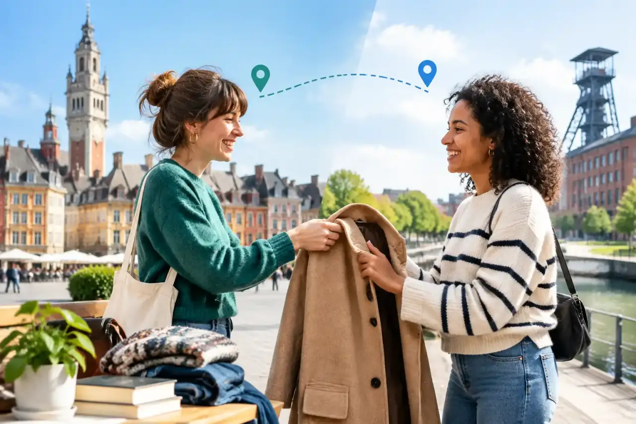 Deux particuliers échangent un manteau dans une rue piétonne entre Lille et Roubaix