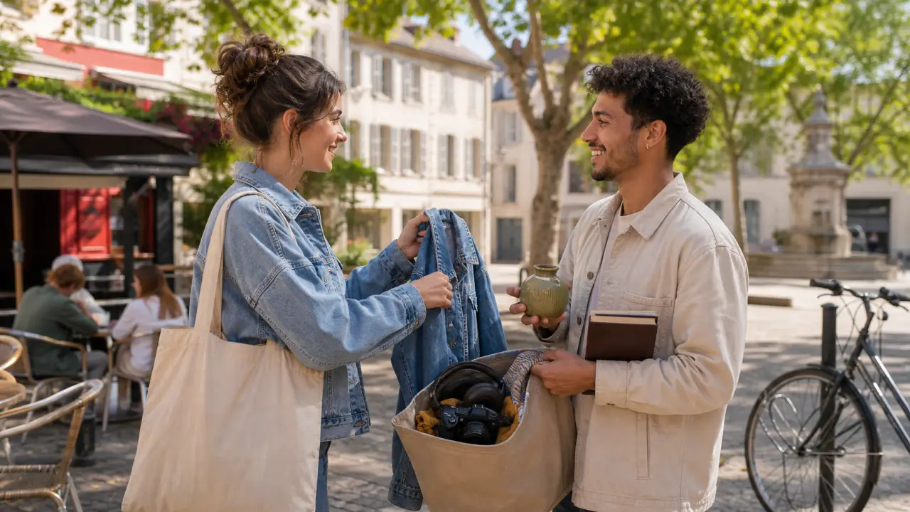 Deux jeunes personnes souriantes échangeant un vêtement vintage et un objet déco dans une rue piétonne ensoleillée