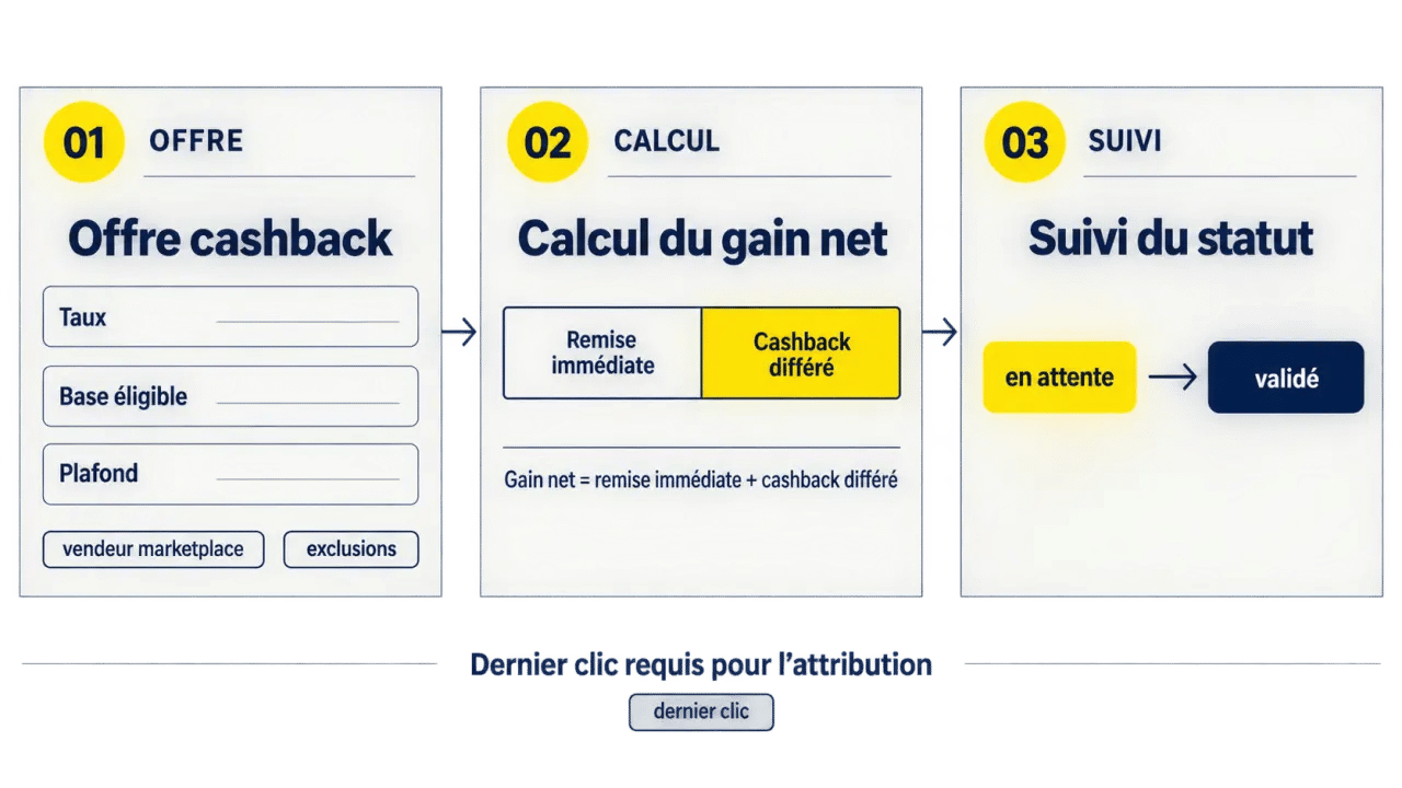 Infographie Cdiscount influence cashback : taux, plafond, gain net et suivi du dernier clic