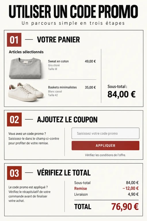 Illustration des étapes pour utiliser un code promo DefShop et vérifier la réduction