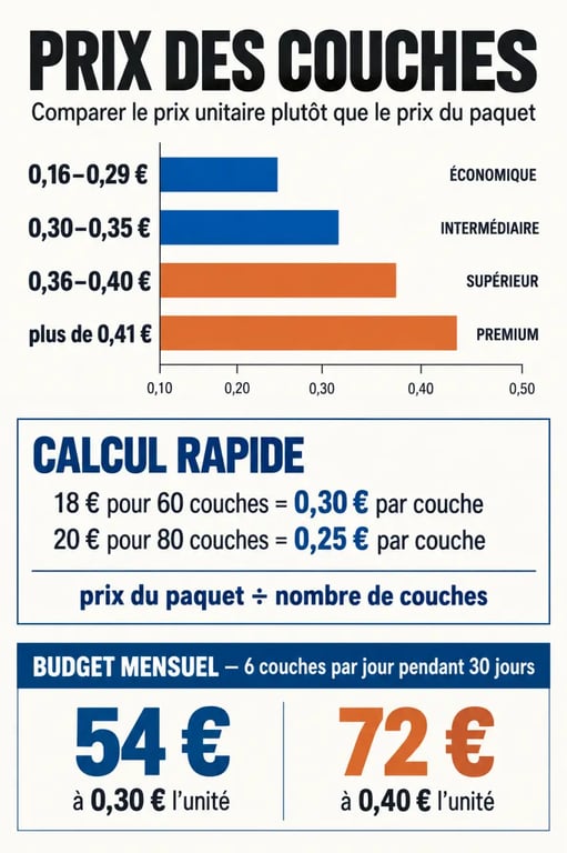 Couches comparatif prix : paliers du coût unitaire et budget mensuel