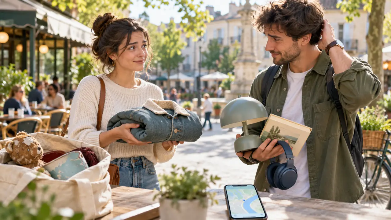 Deux particuliers échangent un vêtement vintage et un objet déco dans une rue ensoleillée