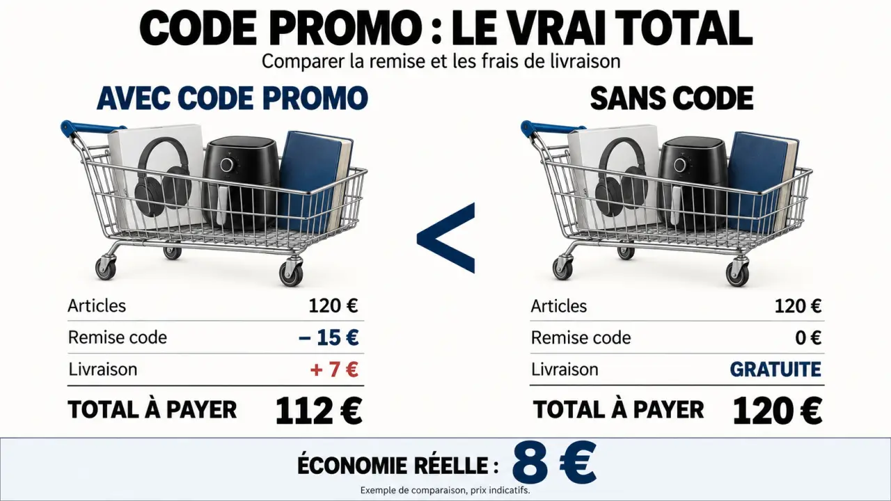 Code promo Rue du Commerce comparé au total livré avec et sans frais de livraison