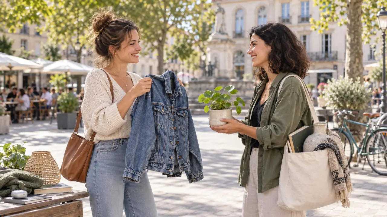 Deux particuliers échangent des objets de seconde main dans une rue ensoleillée