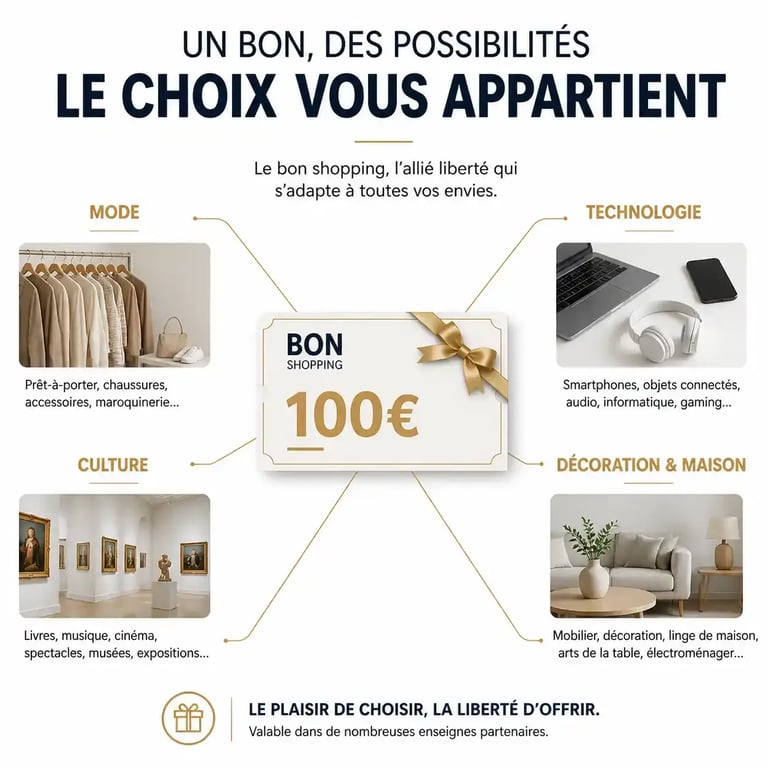 Concept illustrant la polyvalence du bon shopping multi-enseignes