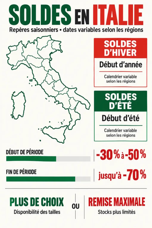Infographie sur les soldes Italie et les dates régionales des périodes de réduction