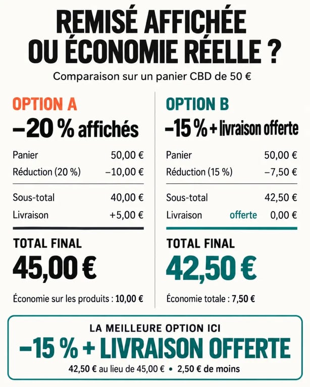 Code promo CBD : infographie pour comparer la remise affichée, les frais de livraison et l’économie réelle