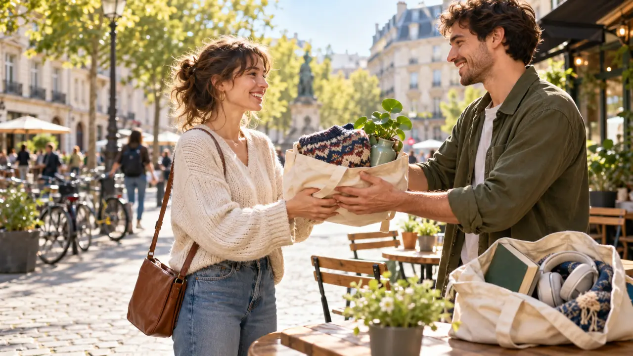 Deux particuliers réalisent un échange d’objet dans une rue piétonne ensoleillée