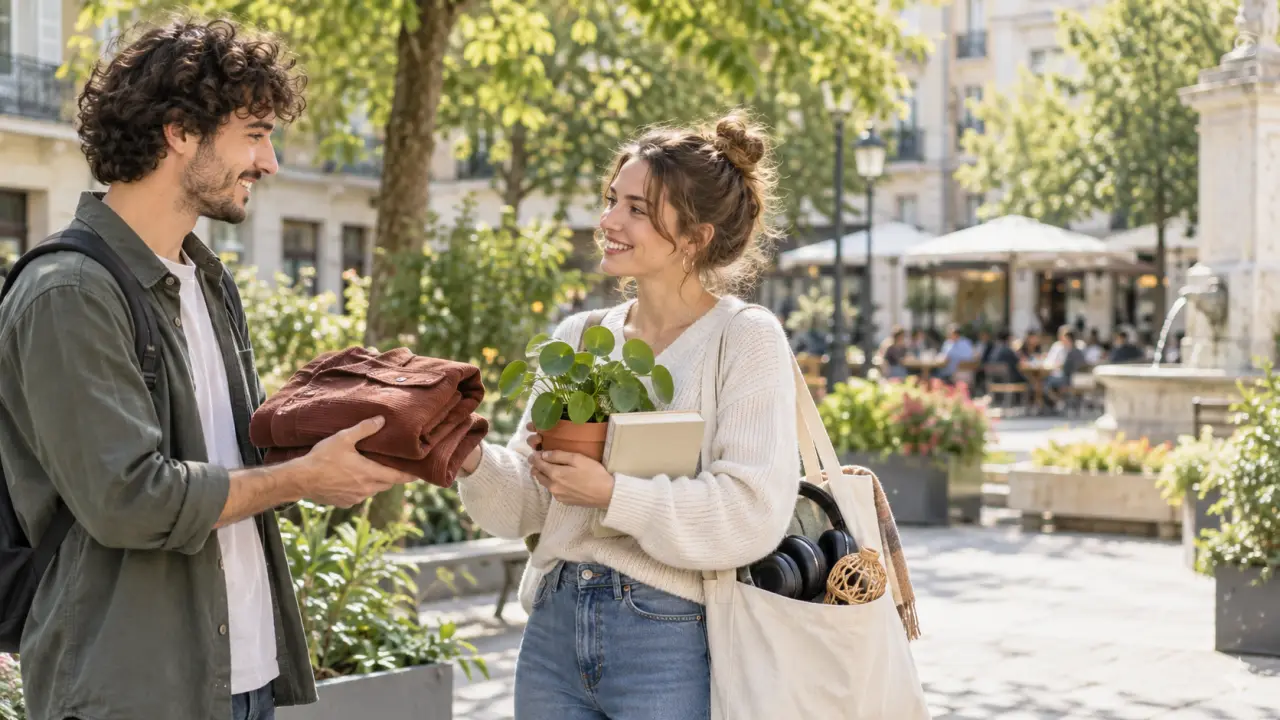 Deux particuliers souriants échangent des objets de seconde main dans une rue ensoleillée
